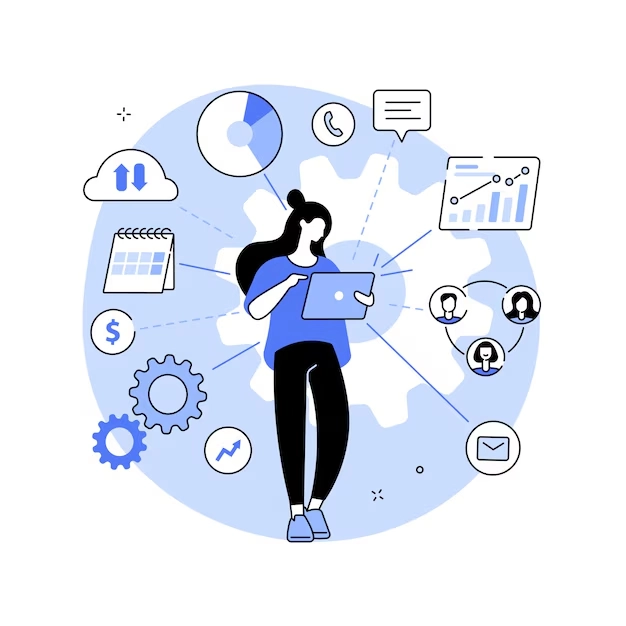 A freelance business consultant in Calicut exploring strategies on a tablet with business and technology icons around her